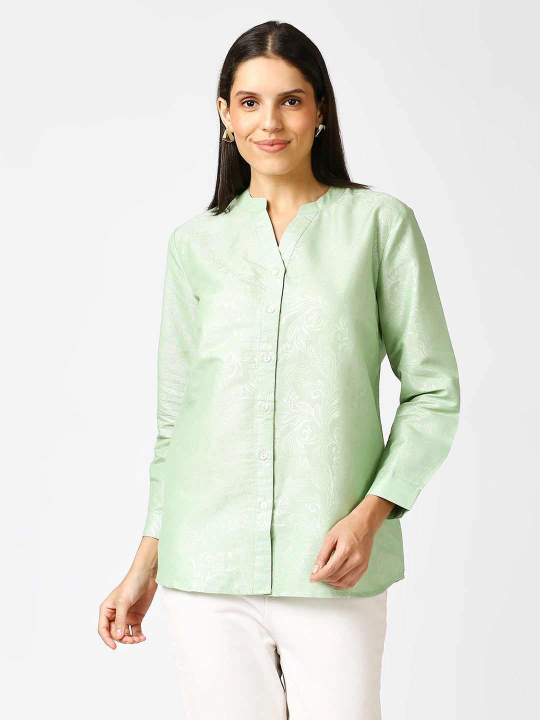 Light Green Solid Silver Emboss Design Metallic Shirt