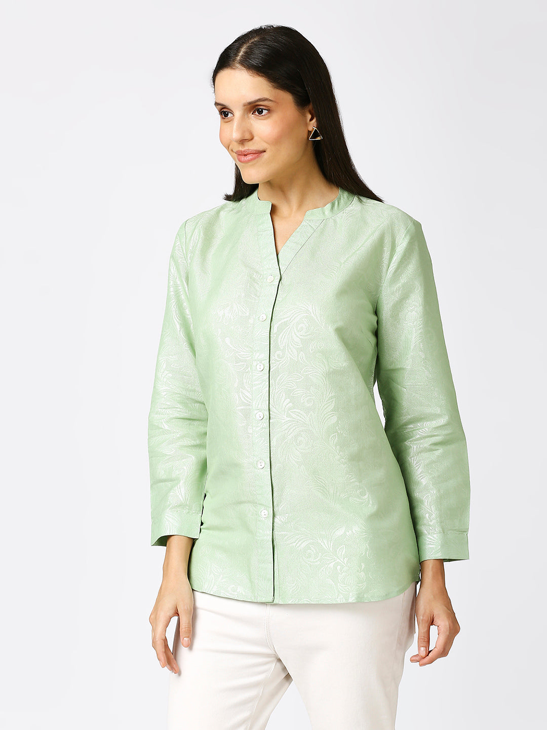 Light Green Solid Silver Emboss Design Metallic Shirt