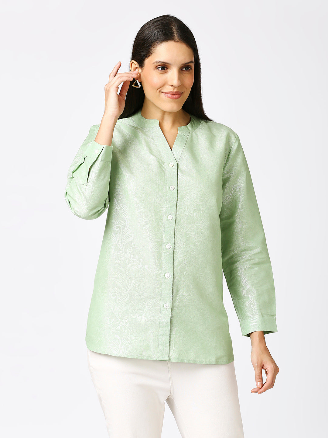 Light Green Solid Silver Emboss Design Metallic Shirt