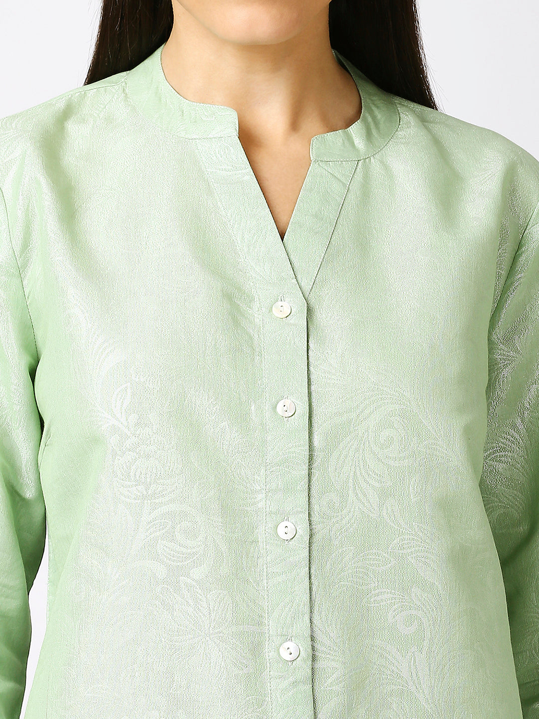 Light Green Solid Silver Emboss Design Metallic Shirt