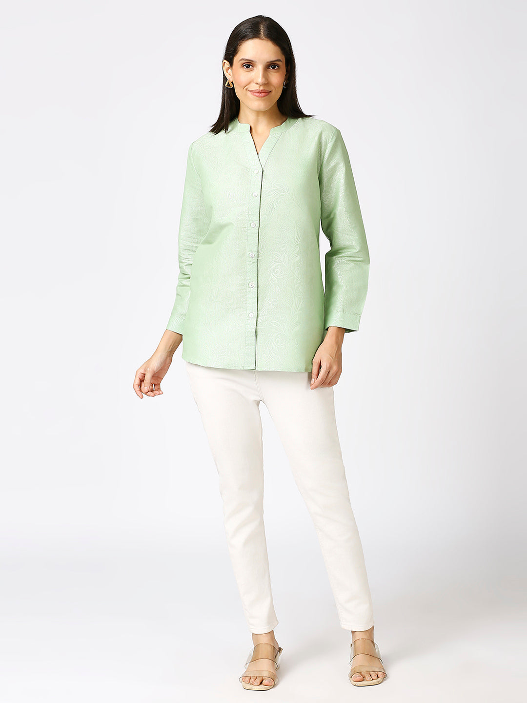 Light Green Solid Silver Emboss Design Metallic Shirt