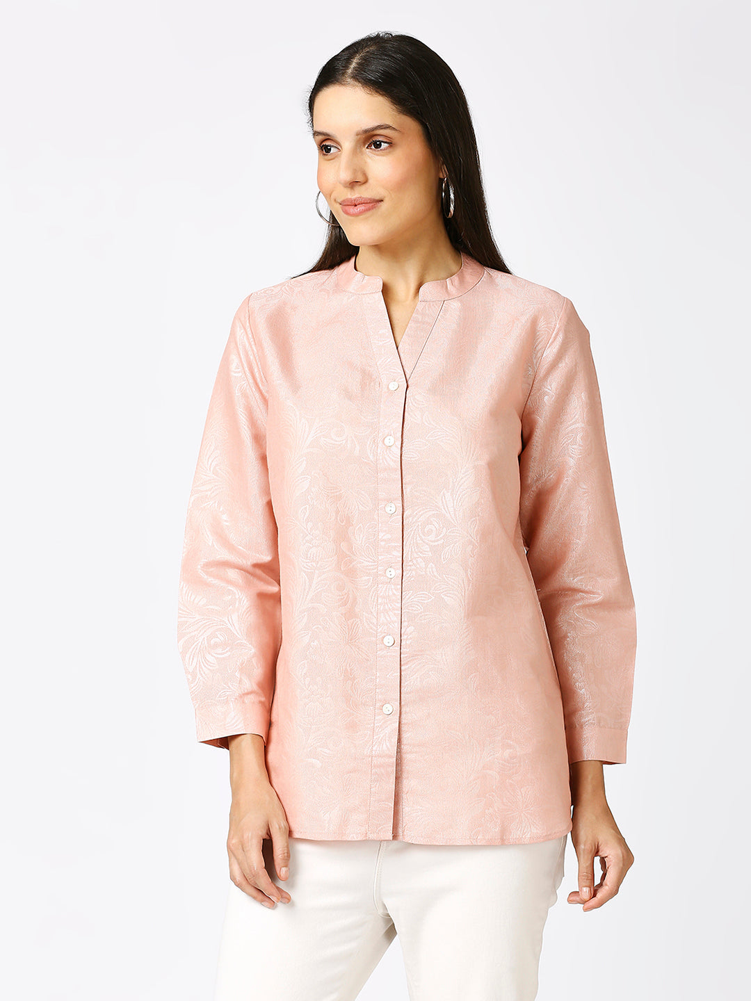 Pink Solid Silver Emboss Design Metallic Shirt