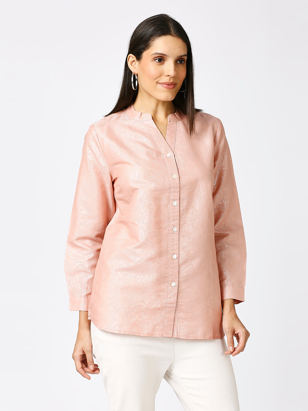 Pink Solid Silver Emboss Design Metallic Shirt