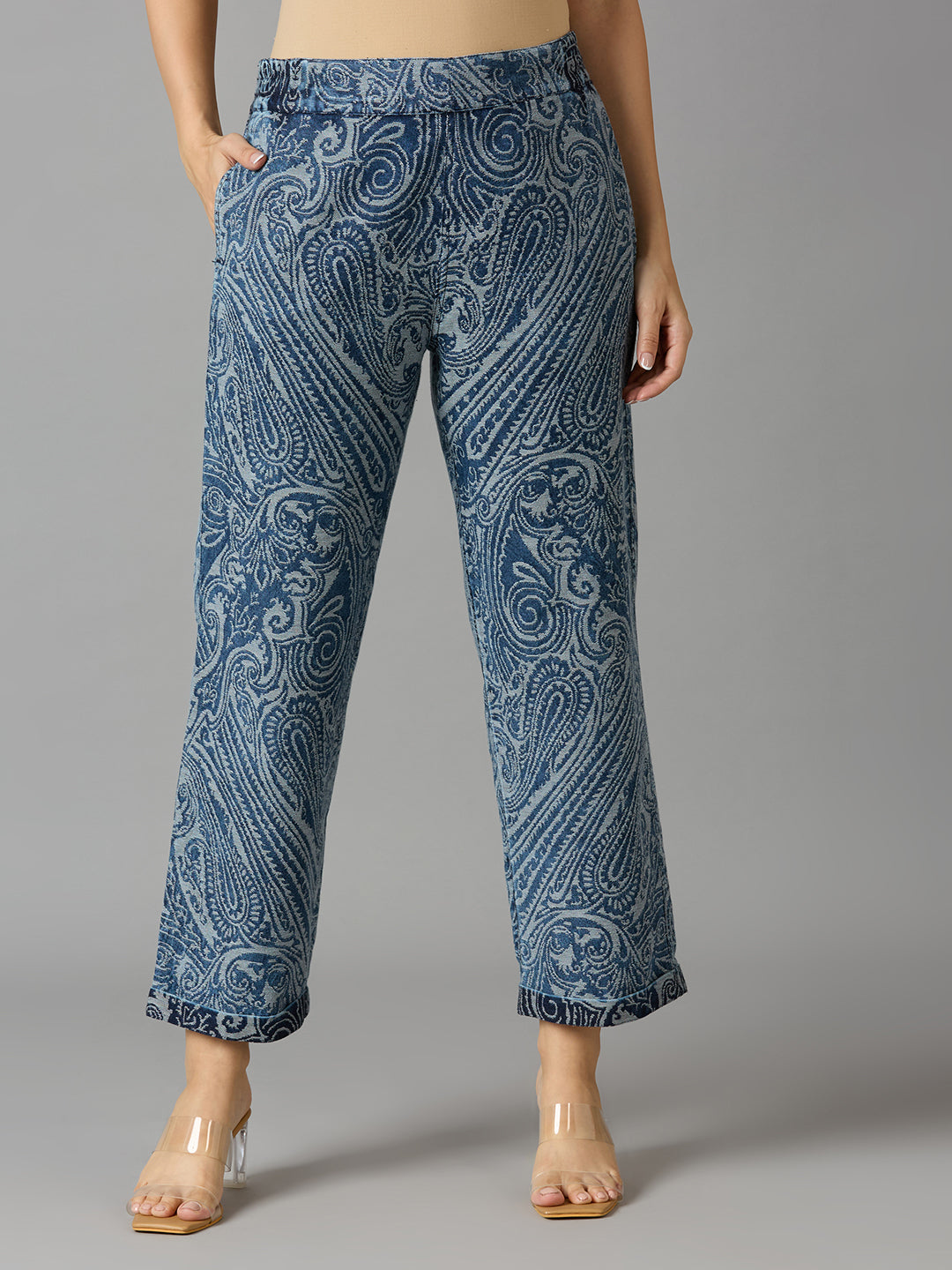 Denim Metallic Brocade Paisley Slim Pants