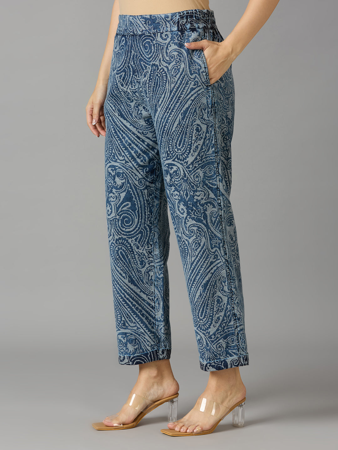 Denim Metallic Brocade Paisley Slim Pants