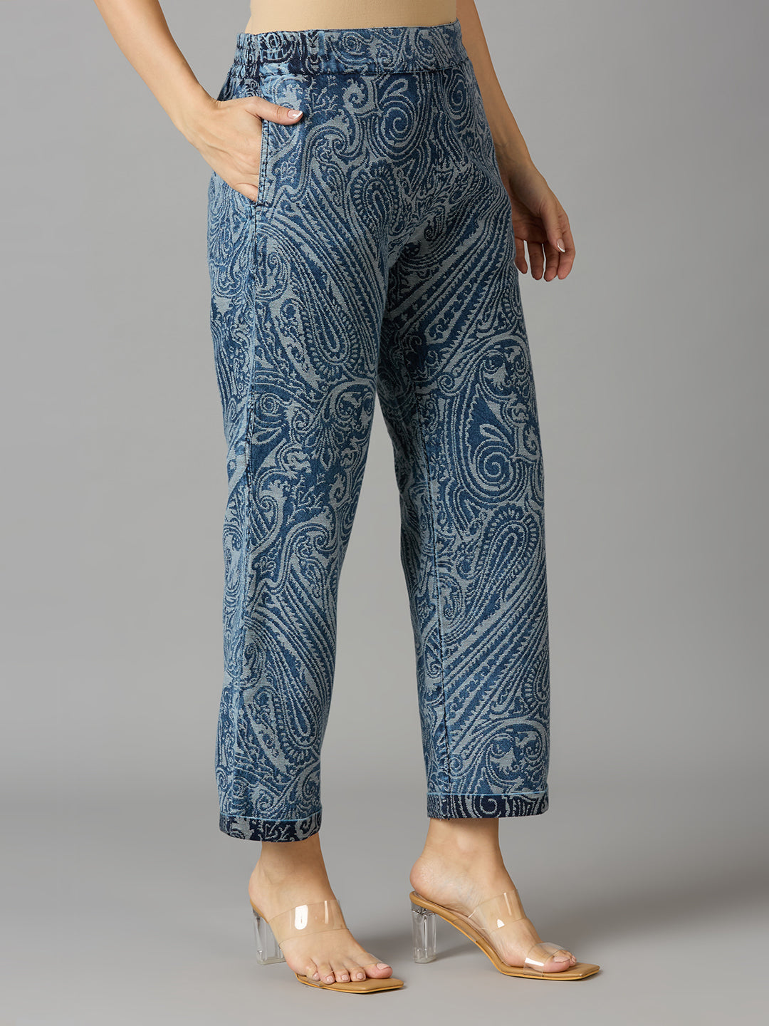 Denim Metallic Brocade Paisley Slim Pants