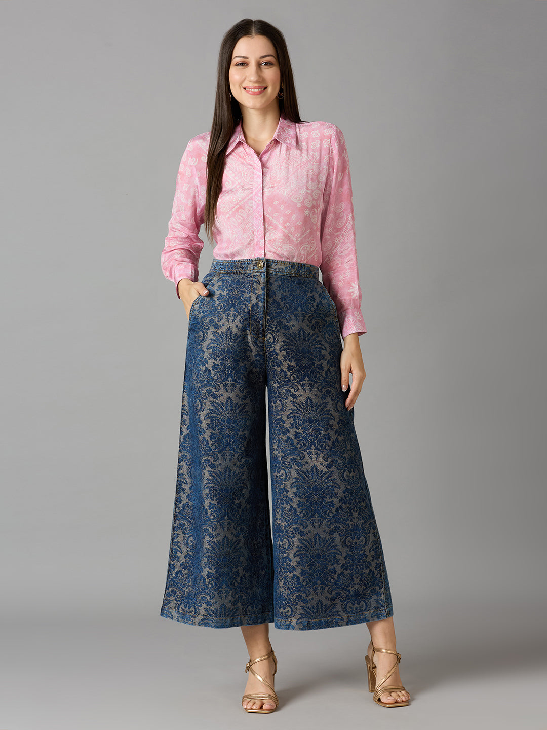 Brocade Tapestry Denim Metallic Flare Pants