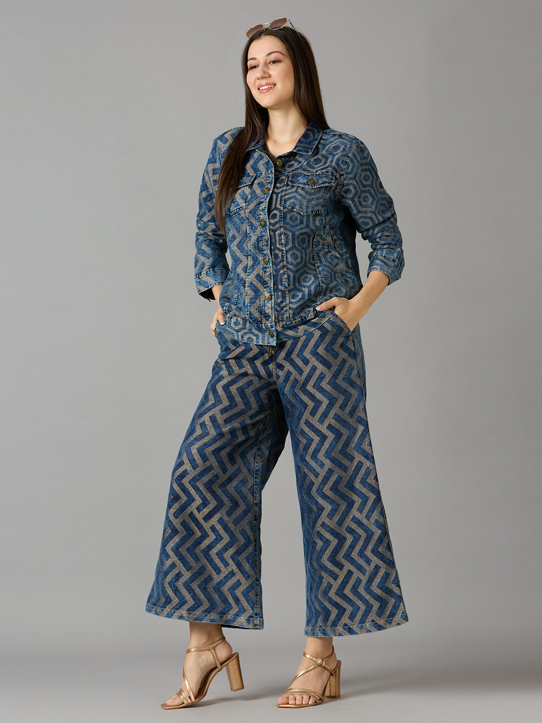 Denim Metallic Brocade Geometric Flare Pants-Pre Order