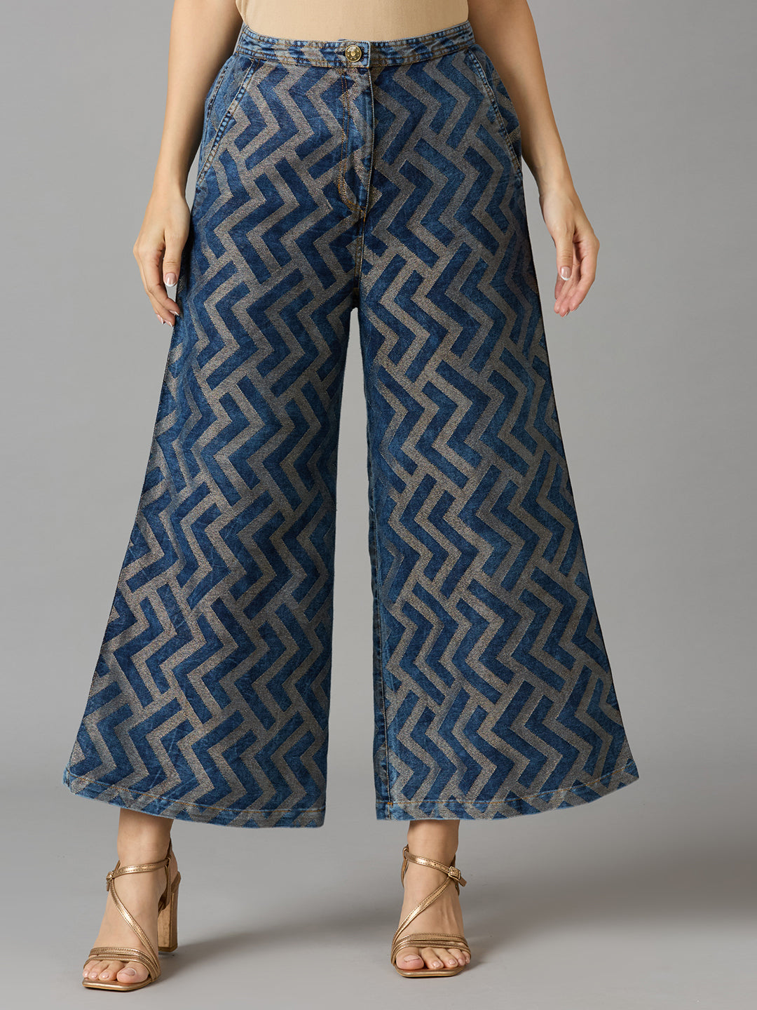 Denim Metallic Brocade Geometric Flare Pants-Pre Order