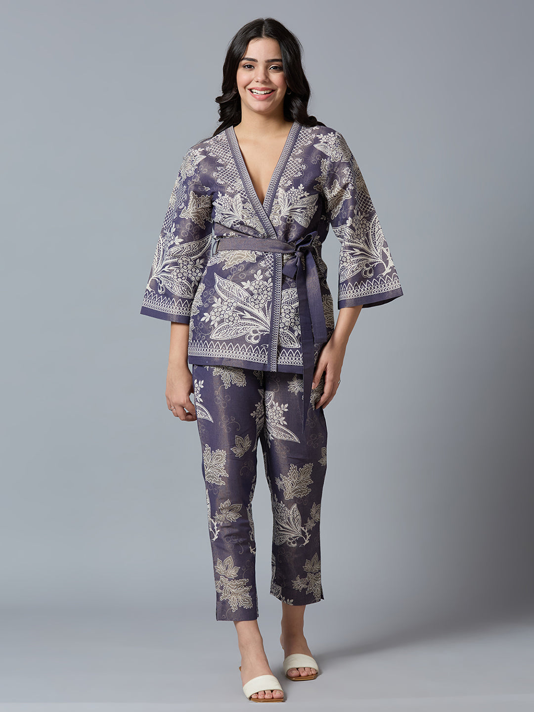 Navy Gold Floral Lacy Printed Metallic Kimono Set