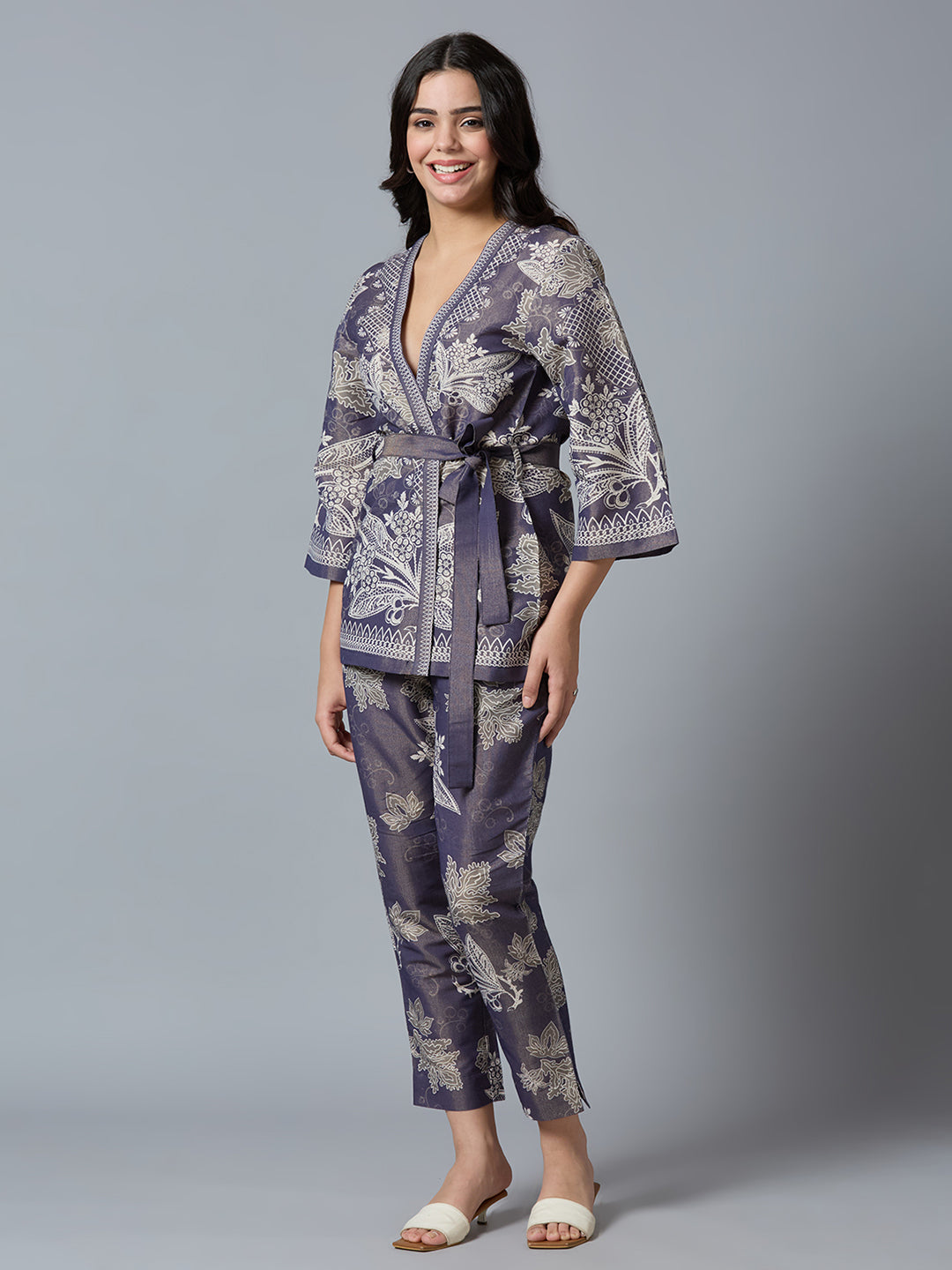 Navy Gold Floral Lacy Printed Metallic Kimono