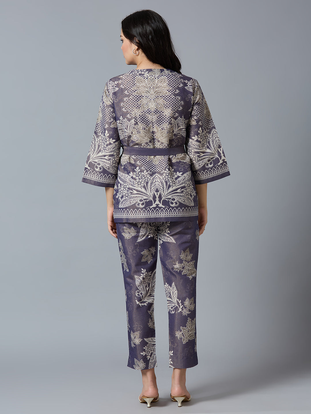 Navy Gold Floral Lacy Printed Metallic Kimono