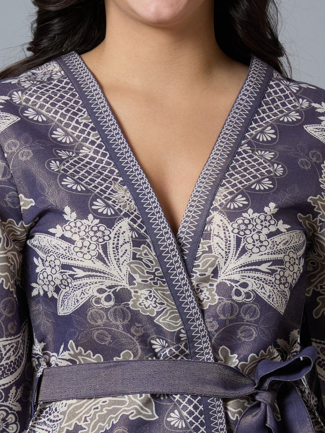 Navy Gold Floral Lacy Printed Metallic Kimono