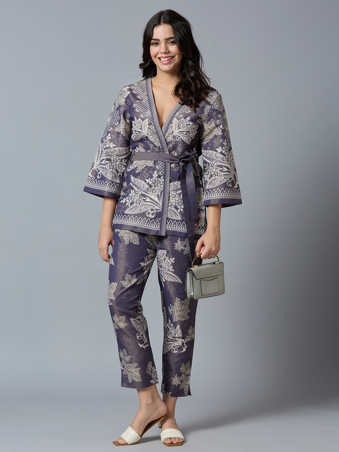 Metallic Floral Lacy Printed Navy Kimono