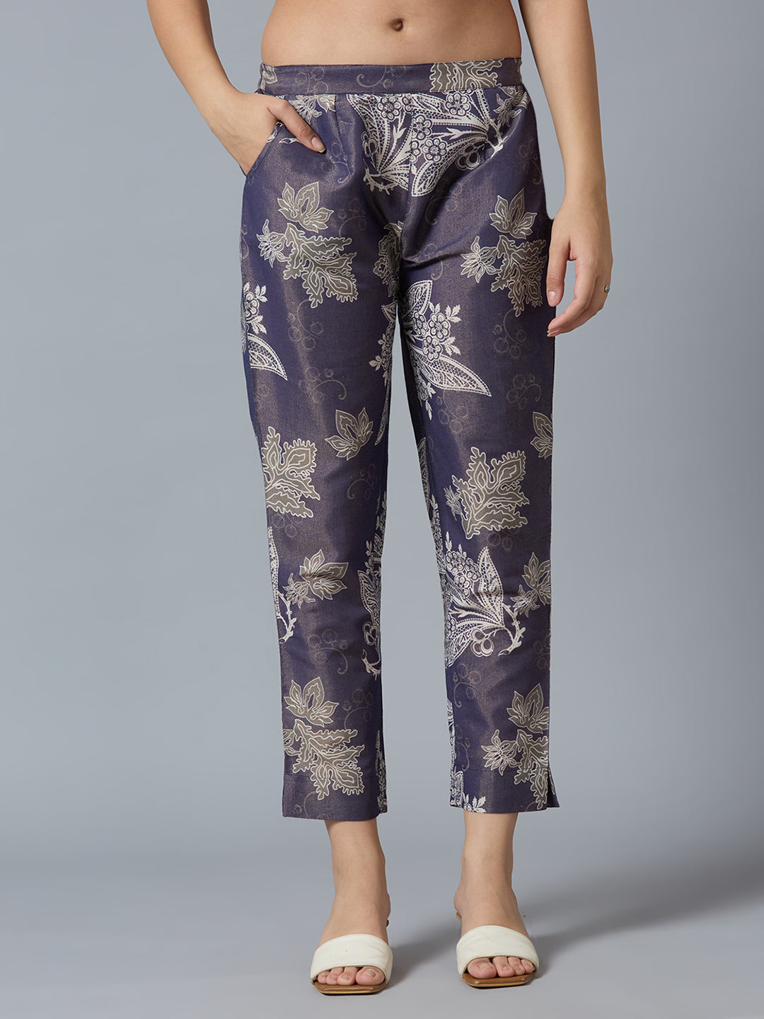 Navy Gold Floral Lacy Printed Metallic Pant