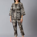 Metallic Floral Printed Black Kimono Set