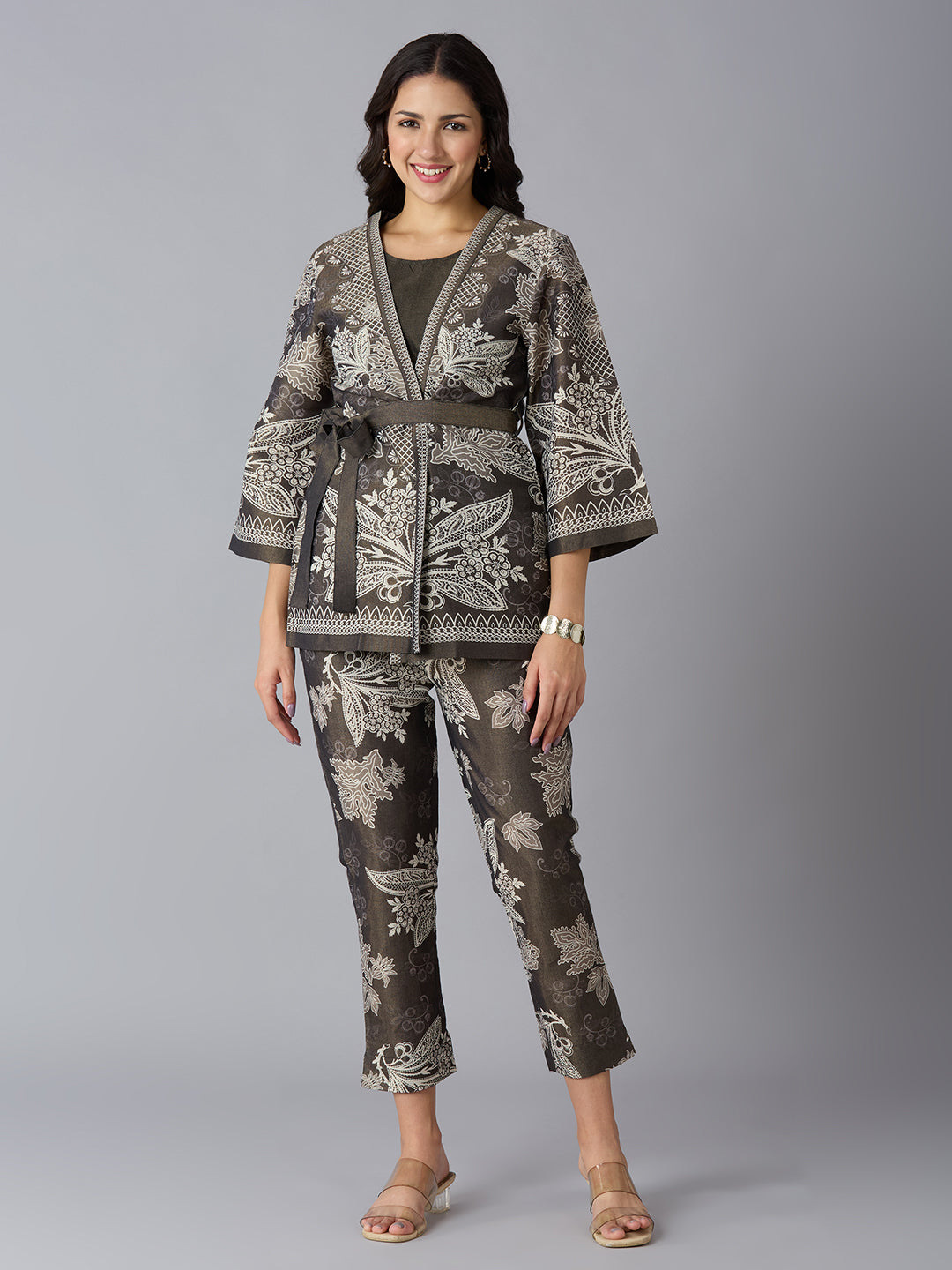 Metallic Floral Printed Black Kimono Set
