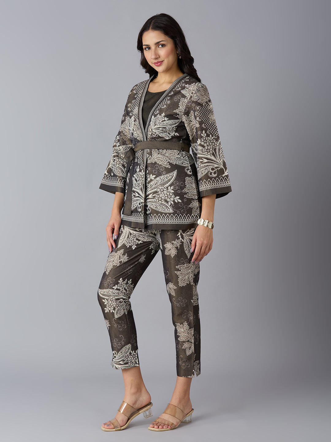 Metallic Floral Printed Black Kimono Set