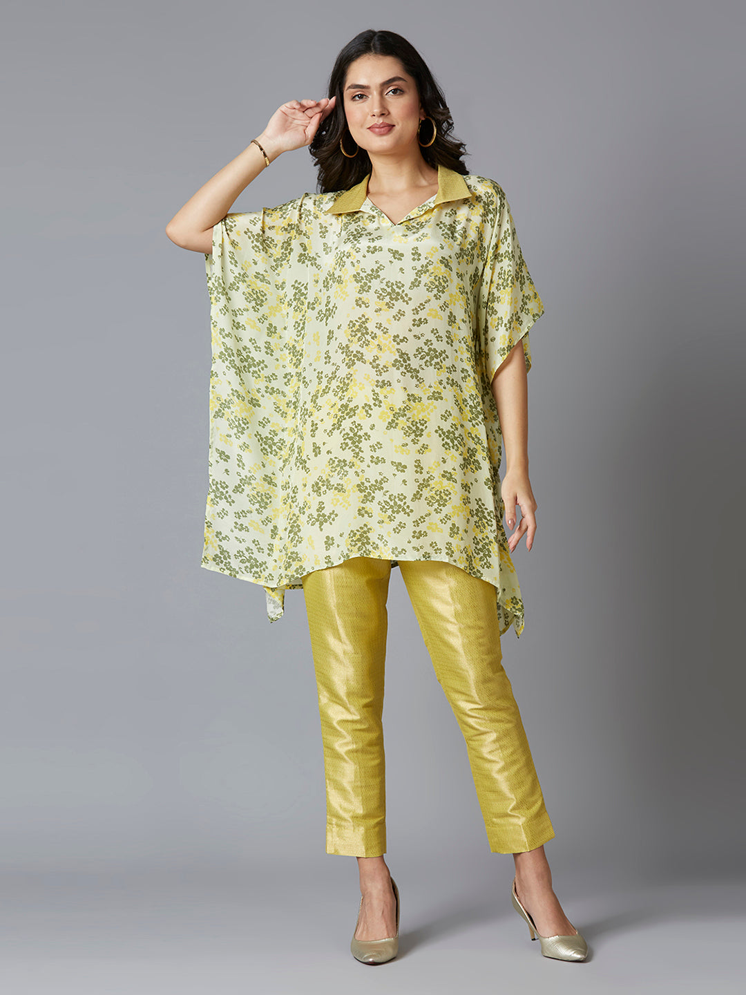 Lime Floral Printed Kaftan Top with Brocade Pant