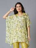 Lime Floral Printed Kaftan Top with Brocade Collar