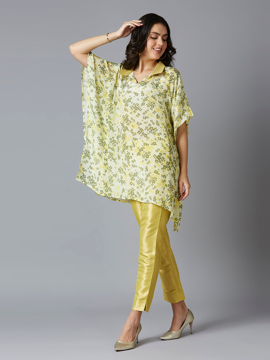 Lime Floral Printed Kaftan Top with Brocade Pant