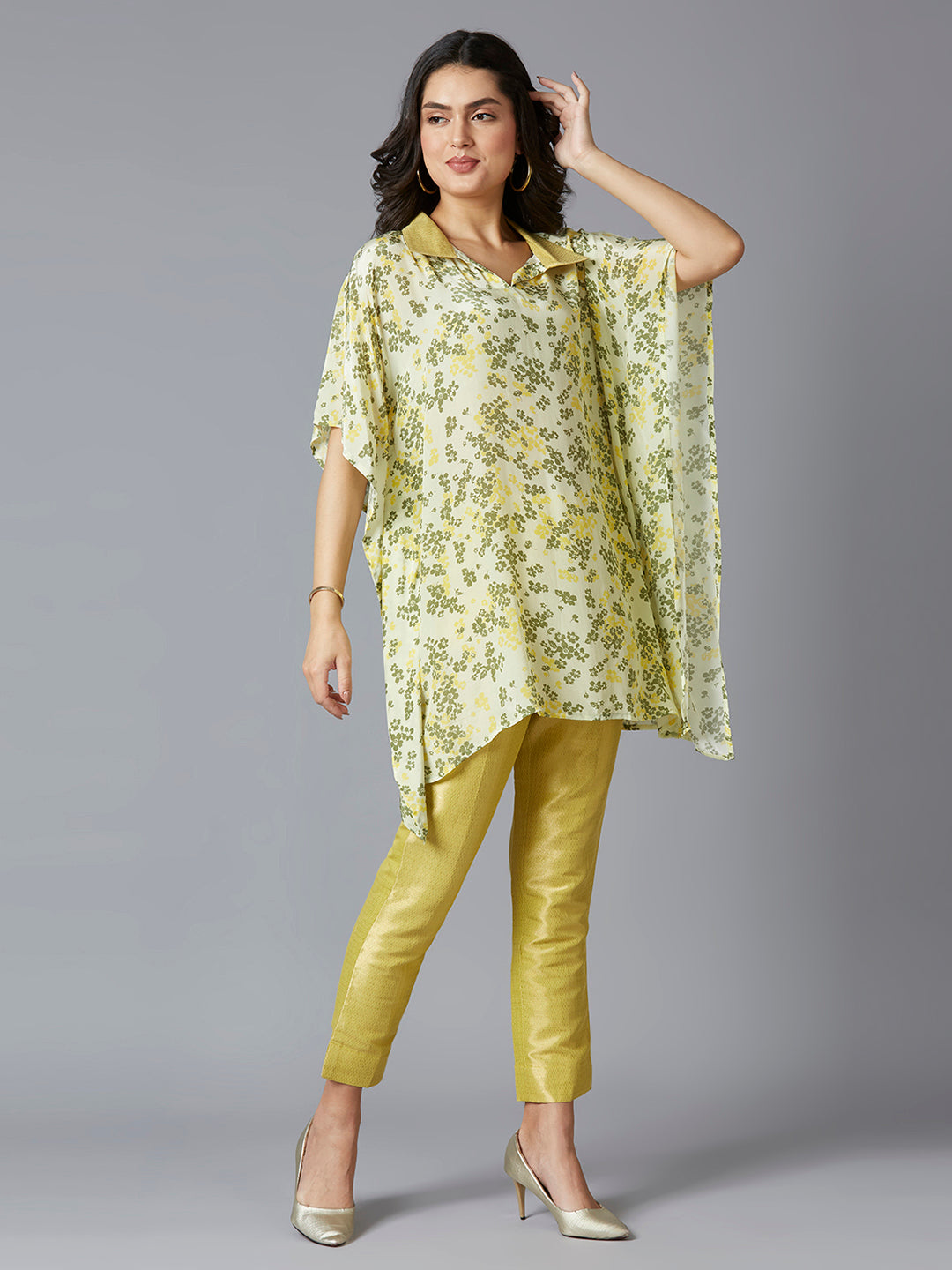 Lime Floral Printed Kaftan Top with Brocade Pant