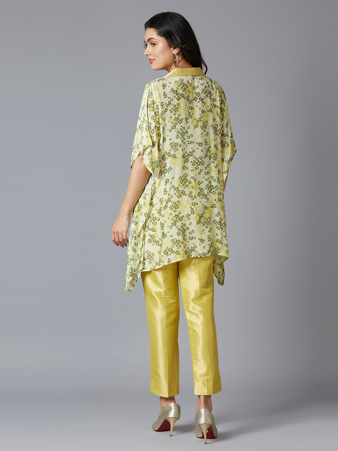 Lime Floral Printed Kaftan Top with Brocade Collar