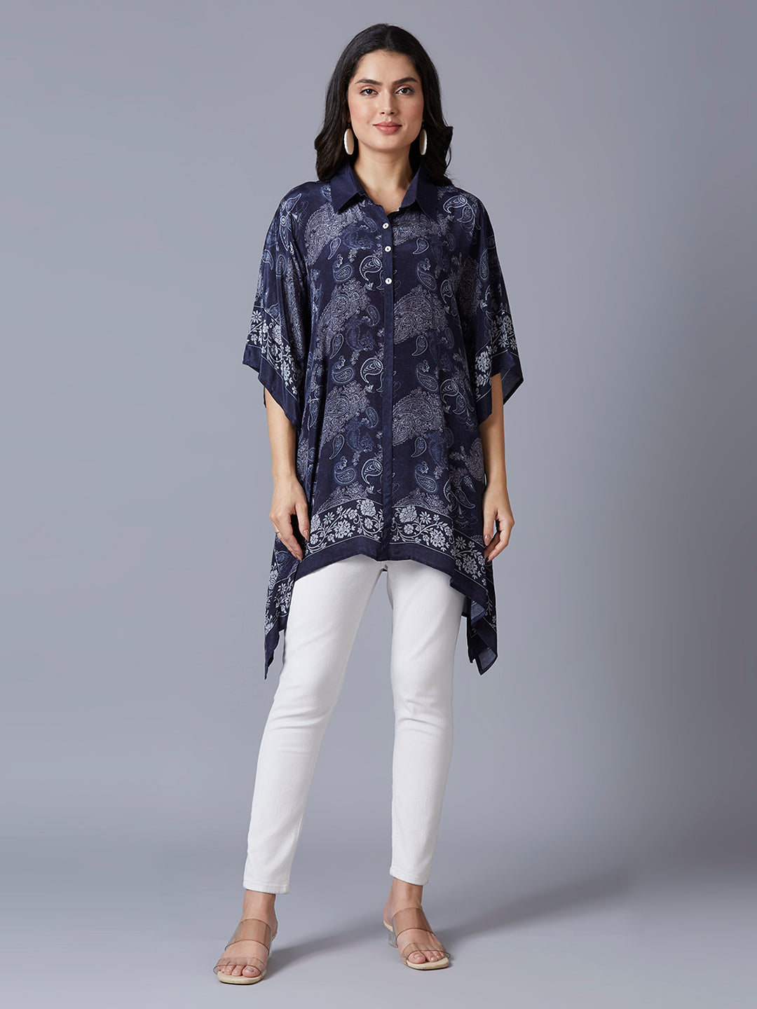 Navy Paisley Printed Kaftan Shirt