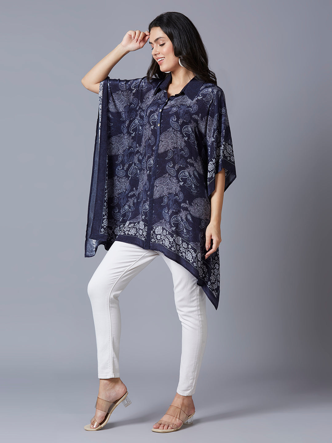 Navy Paisley Printed Kaftan Shirt