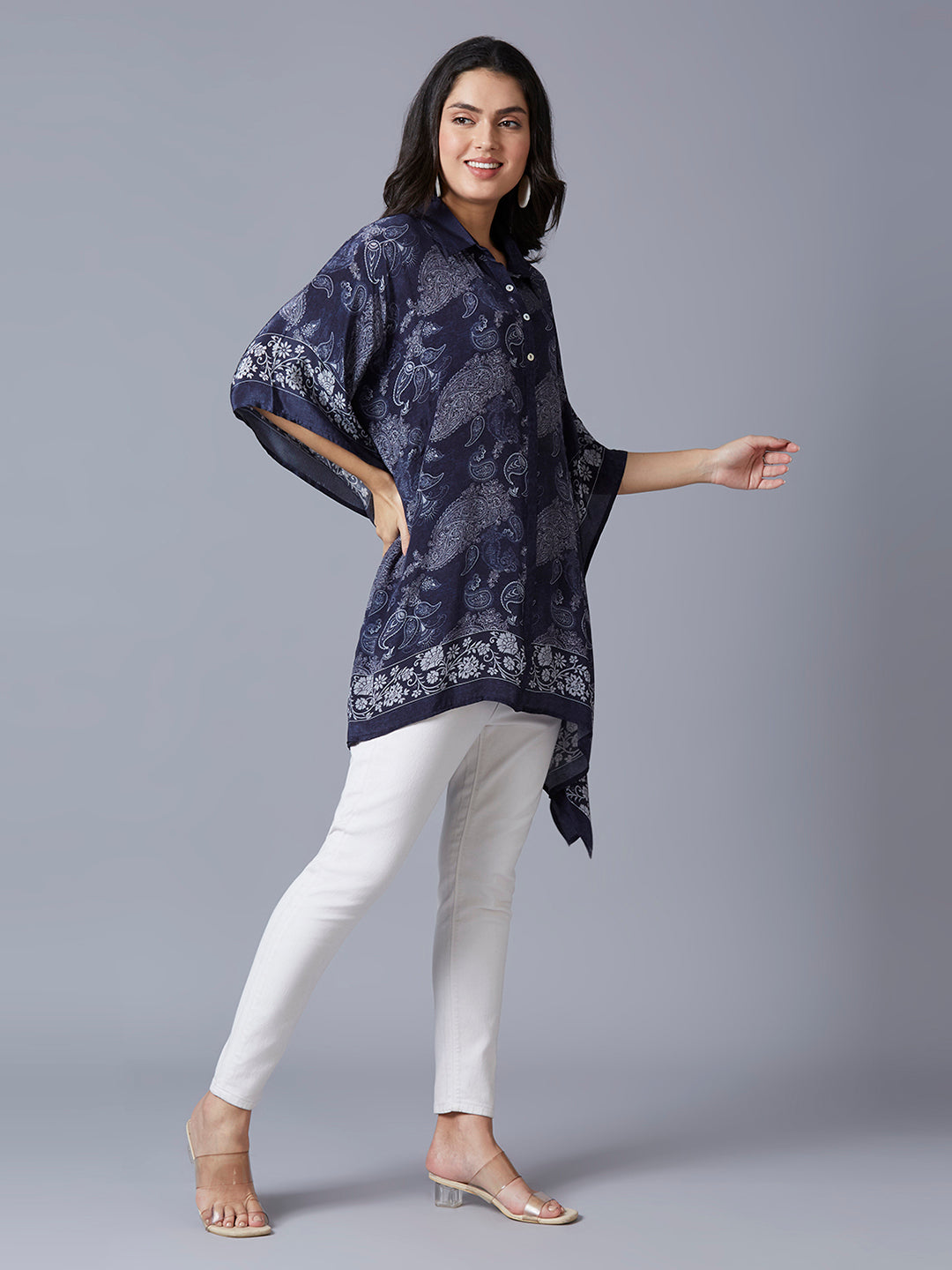 Navy Paisley Printed Kaftan Shirt