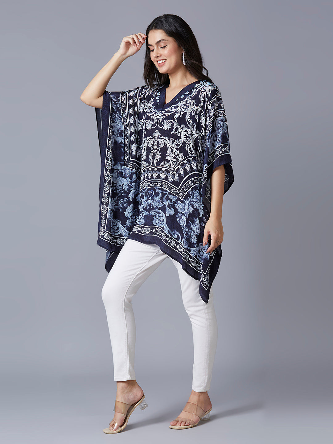 Navy Ornamental Printed Kaftan Top