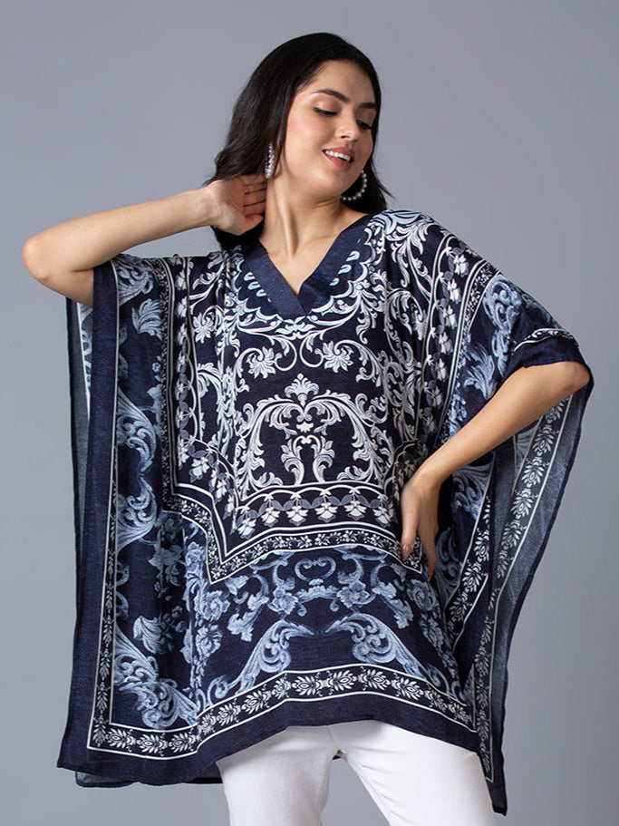 Ornamental Printed Navy Kaftan Top