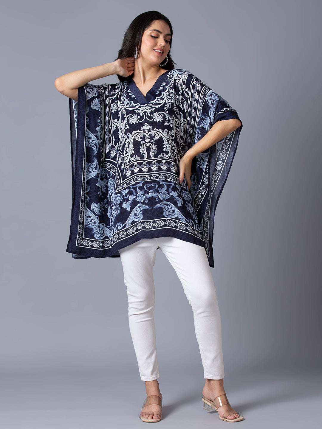 Navy Ornamental Printed Kaftan Top