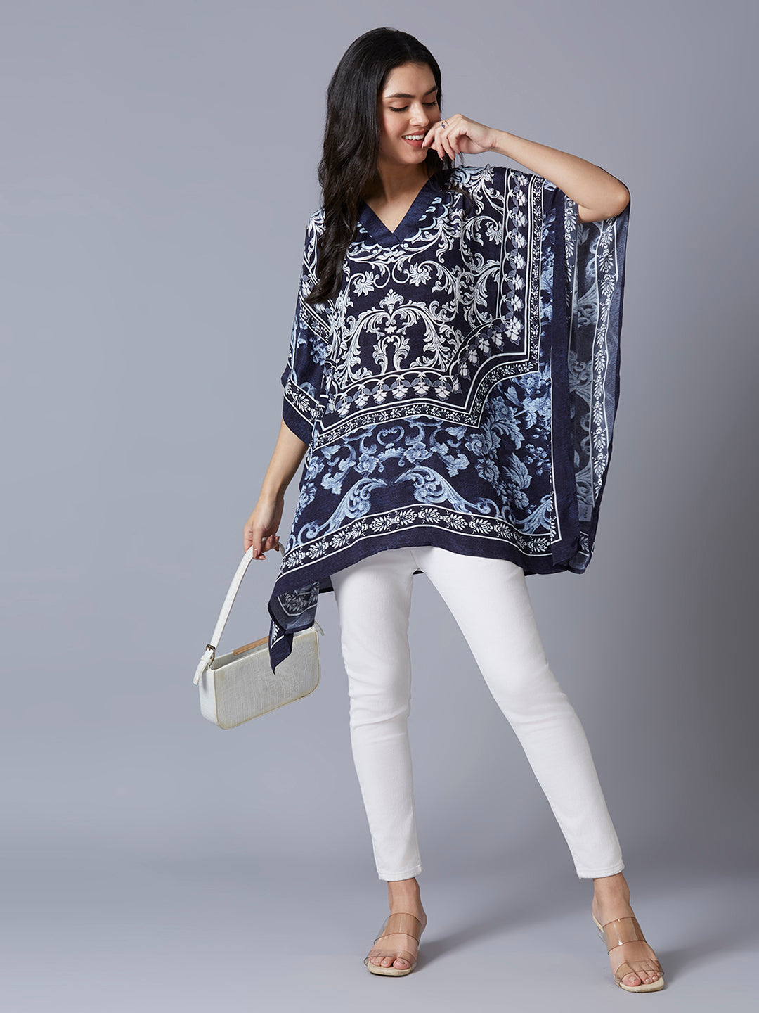 Navy Ornamental Printed Kaftan Top