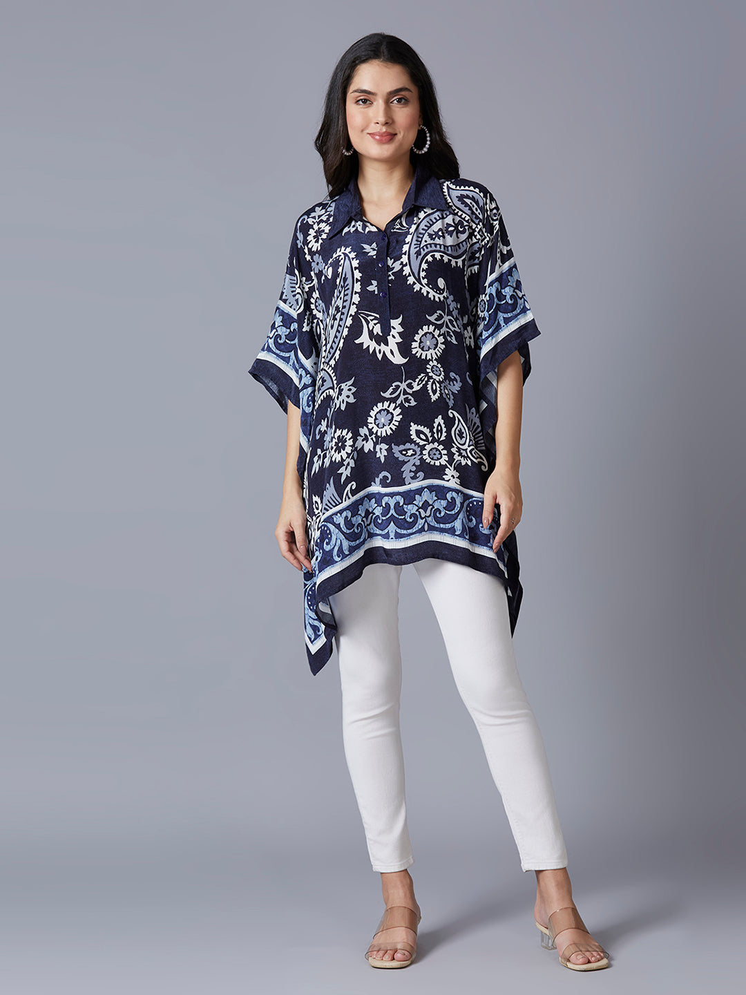 Navy Large Paisley Printed Kaftan Top