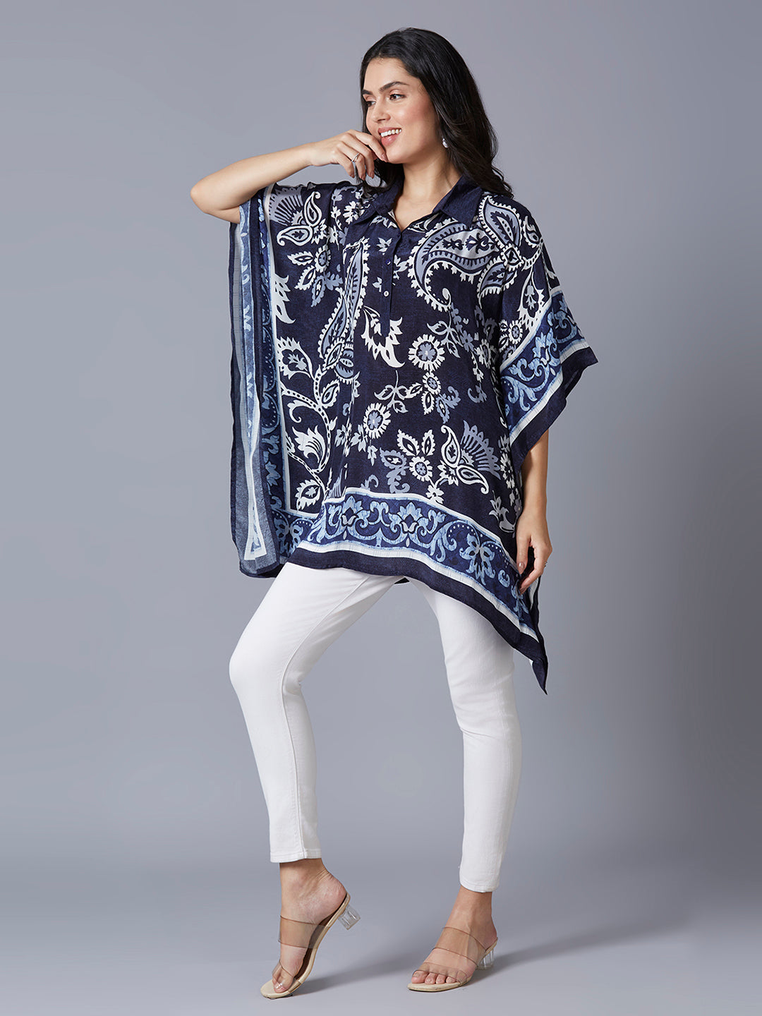 Navy Large Paisley Printed Kaftan Top