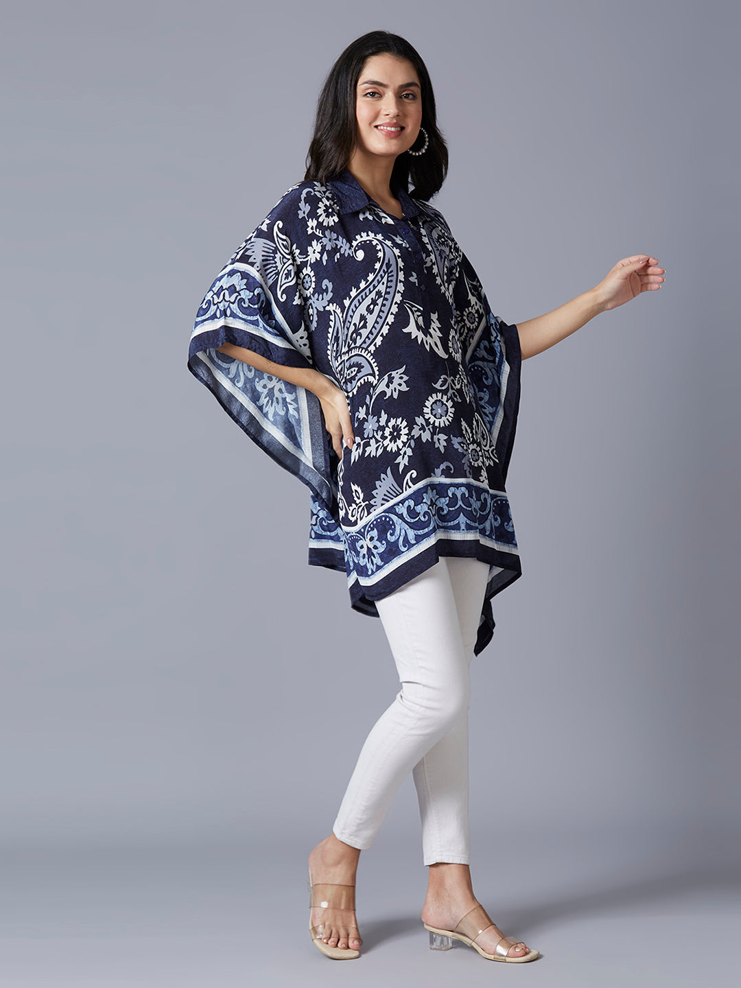 Navy Large Paisley Printed Kaftan Top