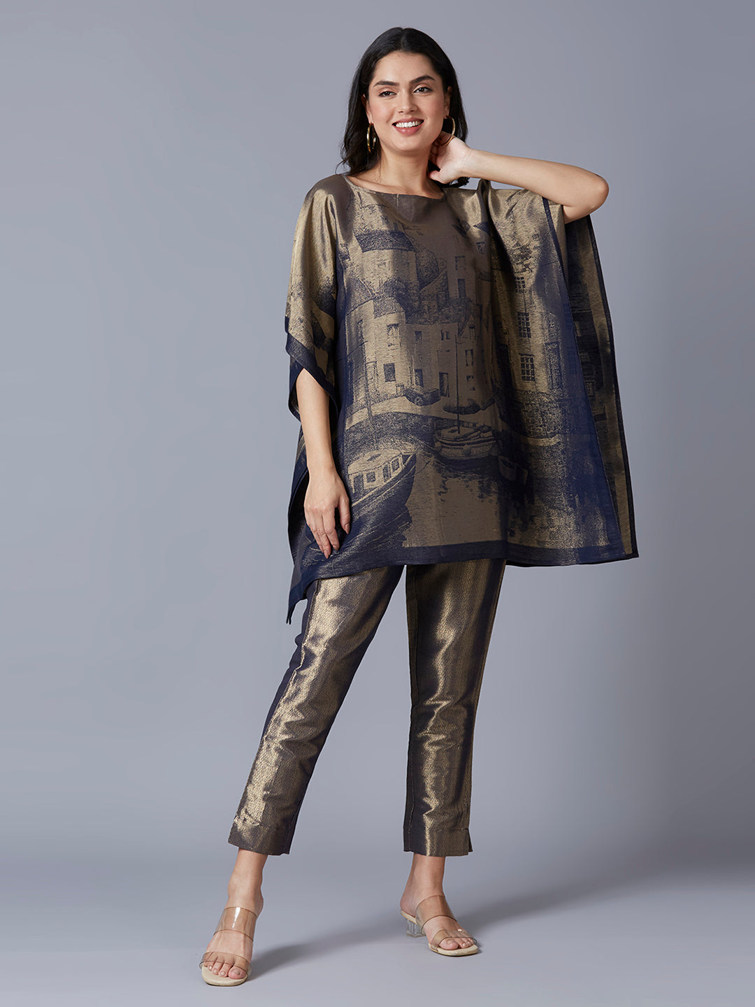 Brocade Scenery Designed Navy Poncho