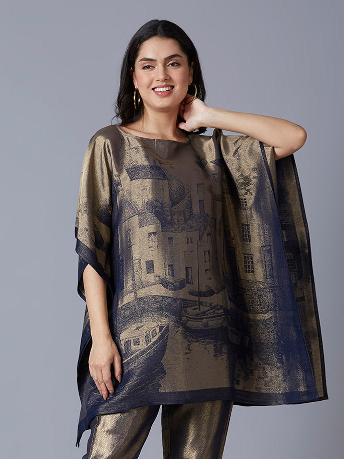 Brocade Scenery Design Navy Poncho Set
