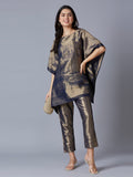 Brocade Scenery Designed Navy Poncho with Brocade Pant