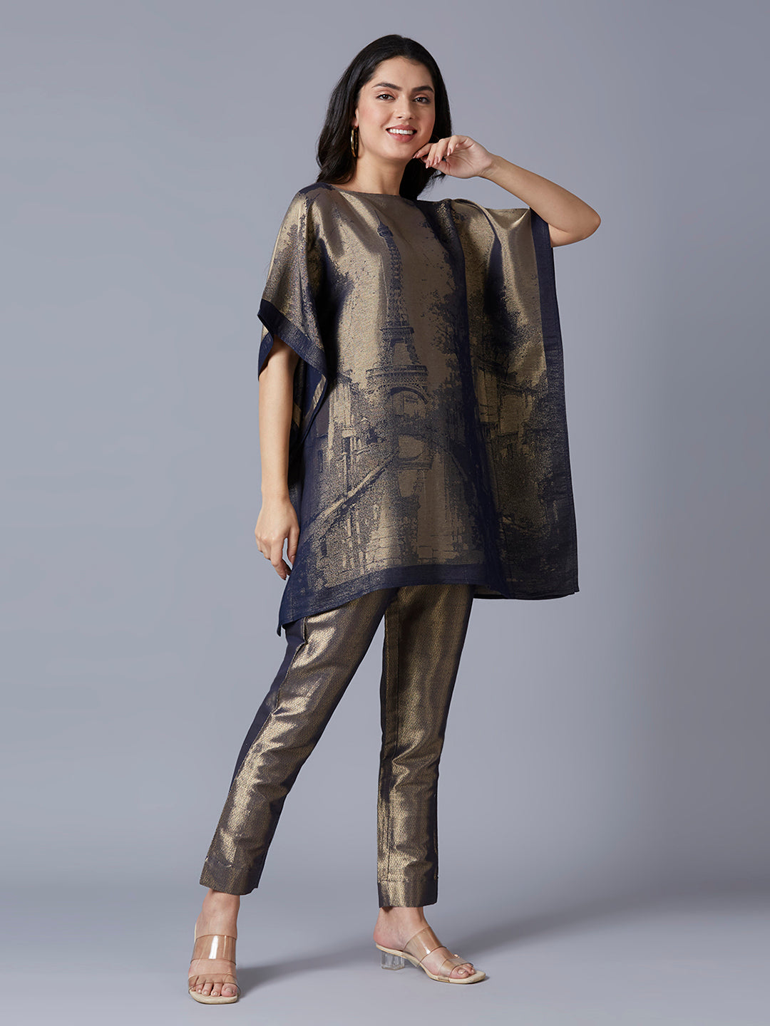 Brocade Paris Designed Navy Poncho with Brocade Pant