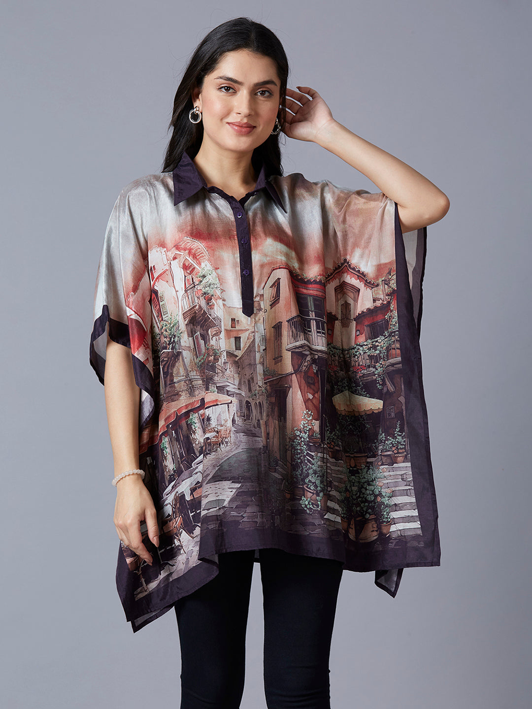 Peach Multi Building Scenery Printed Kaftan Top