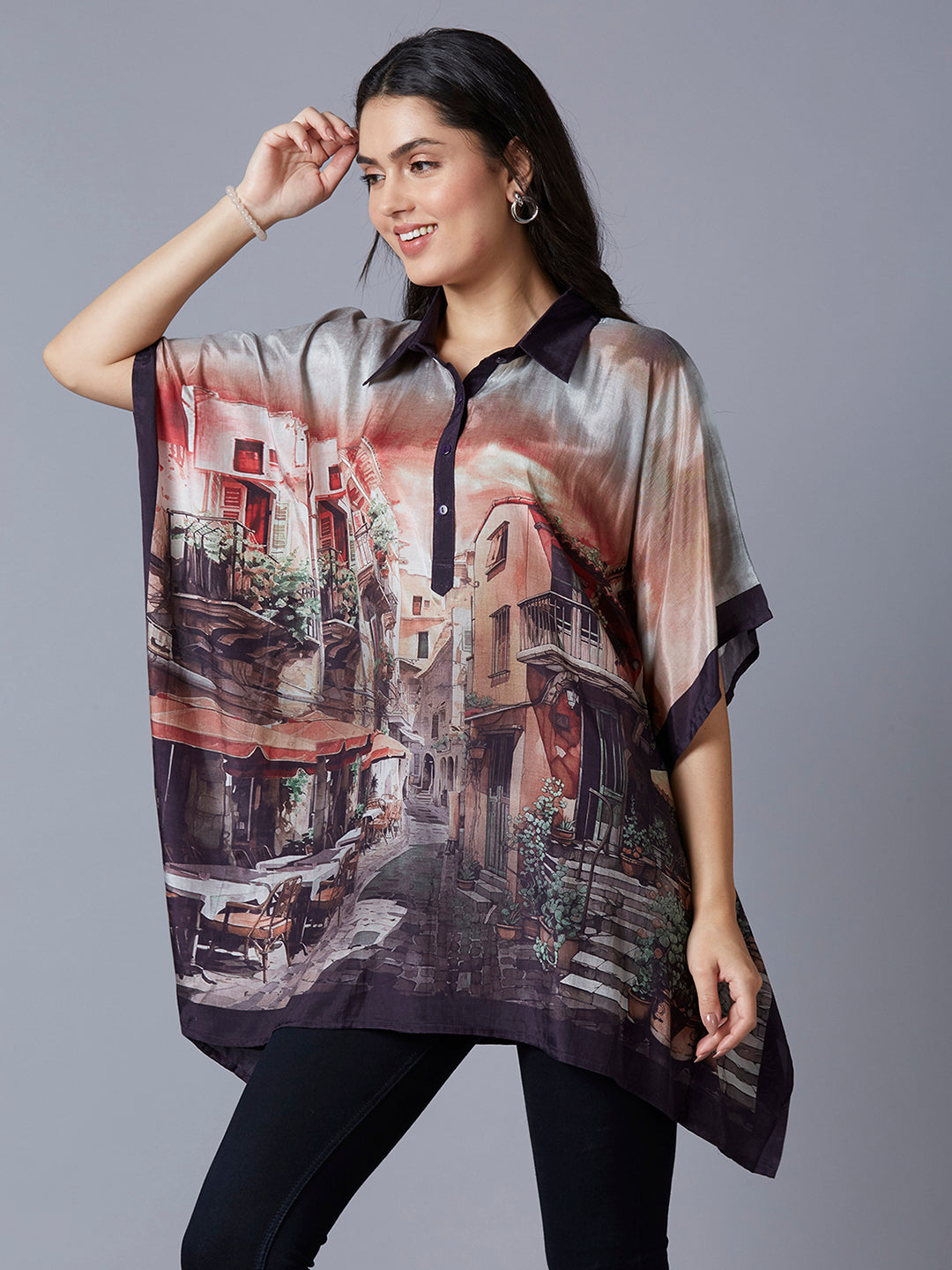 Peach Multi Building Scenery Printed Kaftan Top