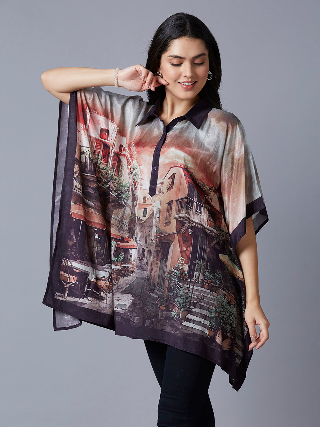 Peach Multi Building Scenery Printed Kaftan Top