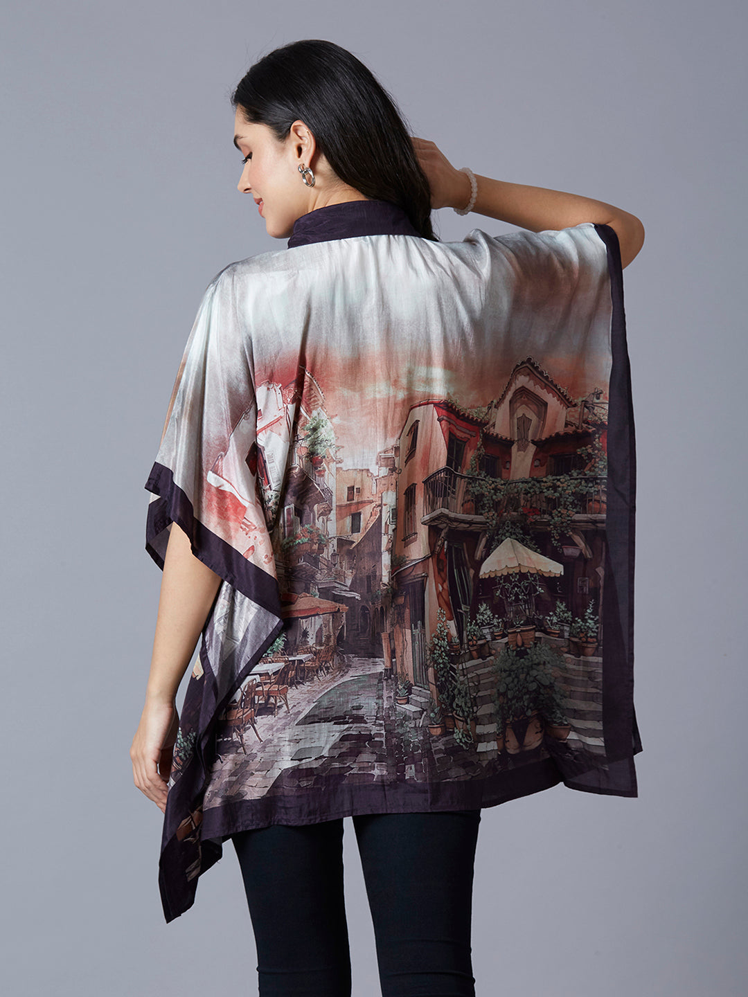 Scenery Printed Peach Multi Kaftan Top