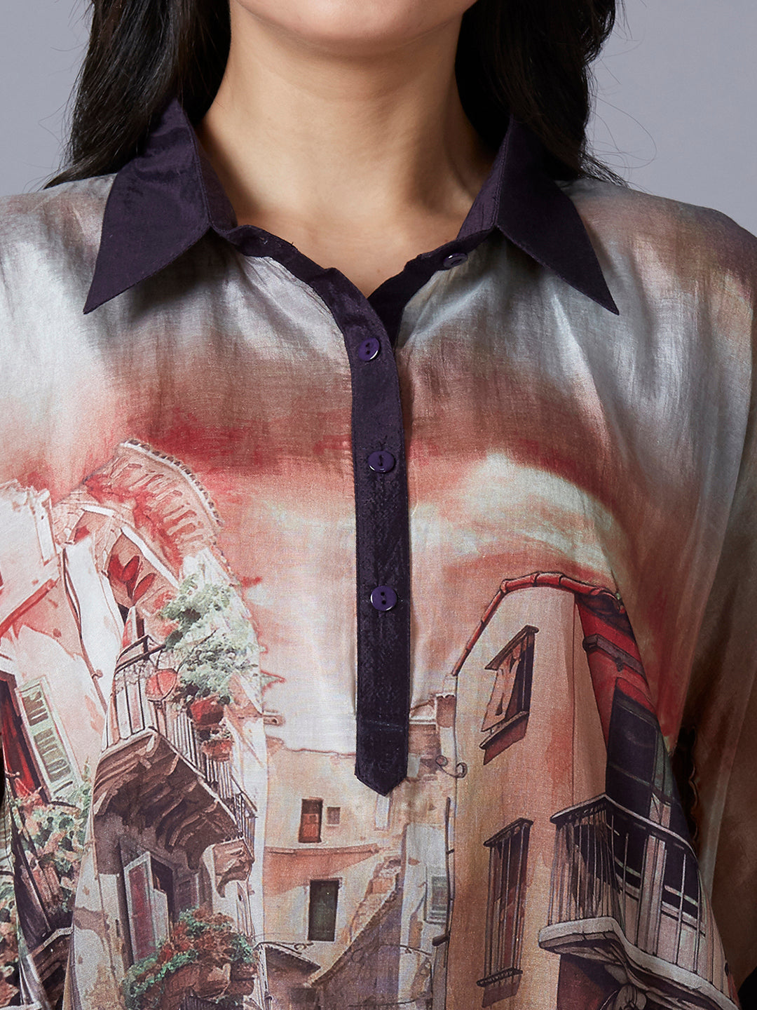 Peach Multi Building Scenery Printed Kaftan Top