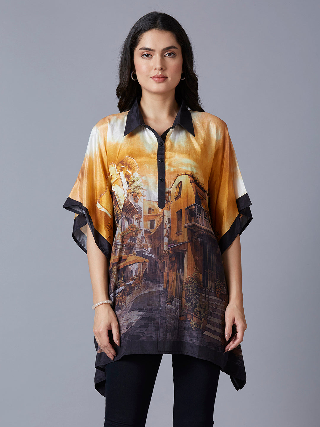 Yellow Multi Building Scenery Printed Kaftan Top