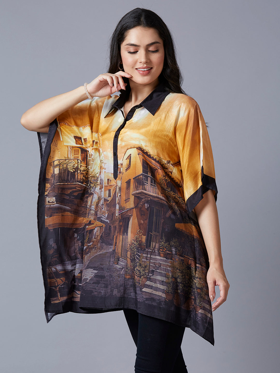 Yellow Multi Building Scenery Printed Kaftan Top