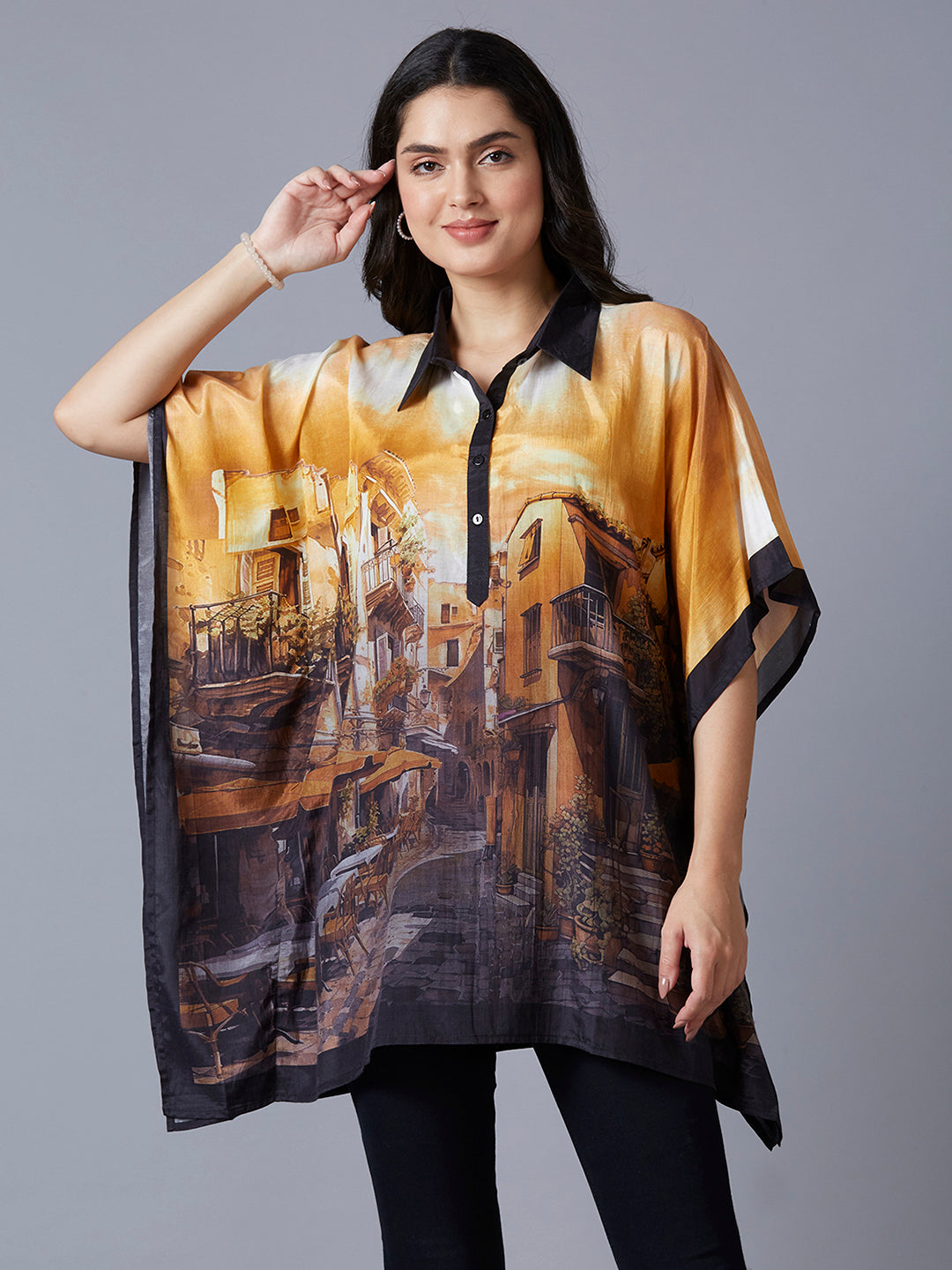 Yellow Multi Building Scenery Printed Kaftan Top