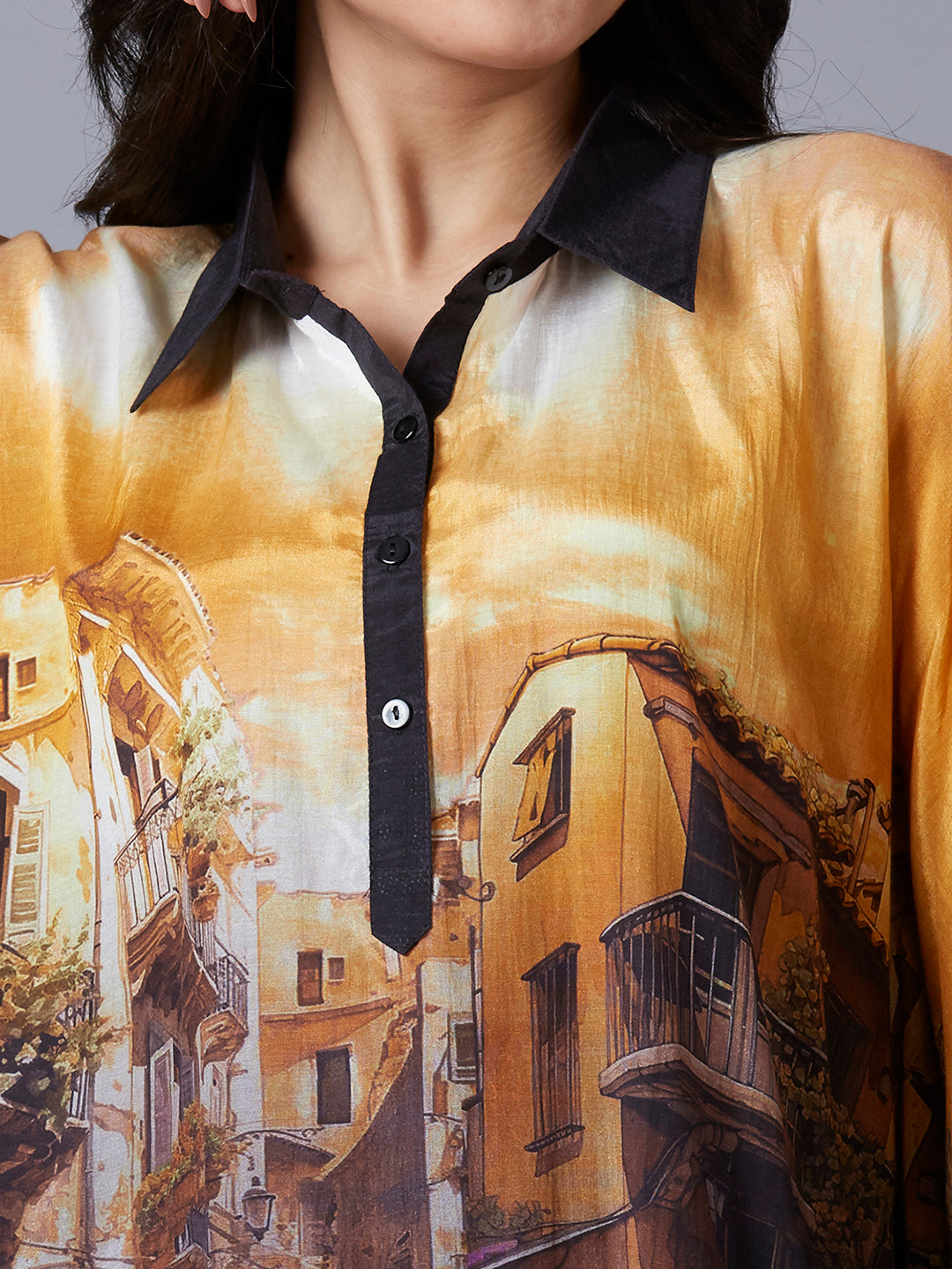 Yellow Multi Building Scenery Printed Kaftan Top